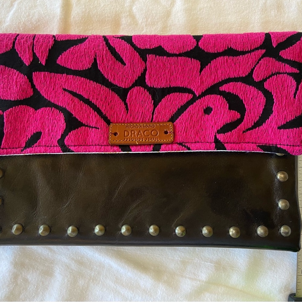 Drago Tradition Textil Leather studded and  Embroidered Pink and Black Clutch
